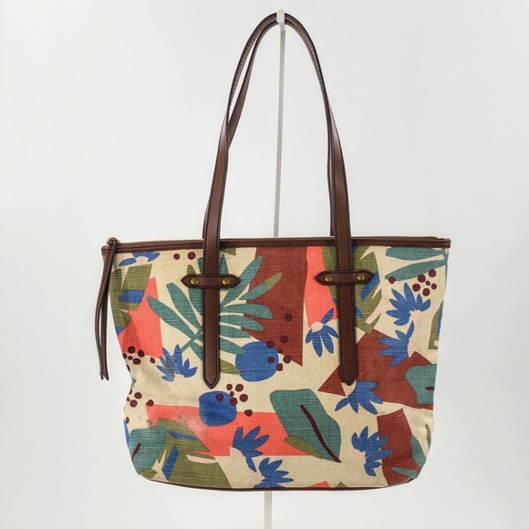 Fossil Canvas Tote Tan Floral Leaf Print Zip Top Medium Textile Shoulder Bag - Picture 5 of 16